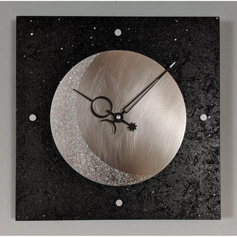 Leonie Lacouette Eclipse Wall Clock in Hand Painted Wood and Textured Stainless Steel Artistic Artisan Designer Wall Clocks
