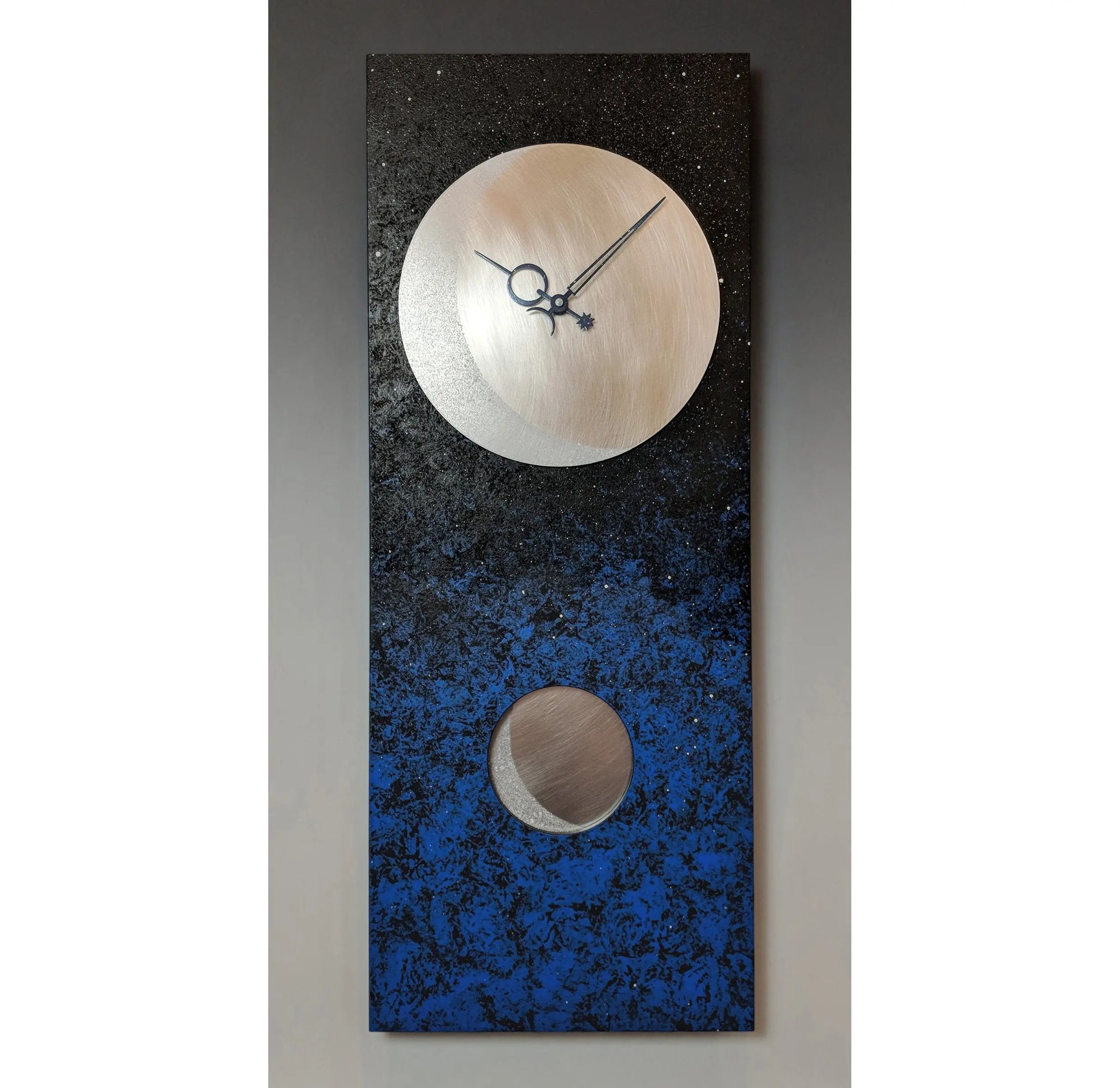 Leonie Lacouette Moon At Night Pendulum Wall Clock 30 in Hand Painted Wood and Textured Stainless Steel Artistic Artisan Designer Wall Clocks