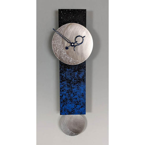 Leonie Lacouette Narrow Moon Pendulum Wall Clock in Hand Painted Wood and Textured Stainless Steel Artistic Artisan Designer Wall Clocks