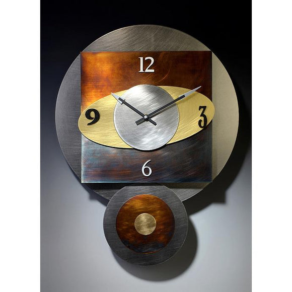 Leonie Lacouette Orbit Pendulum Wall Clock in Textured Stainless Steel Brass and and Hand Patinated Nickel Silver Artistic Artisan Designer Wall Clocks