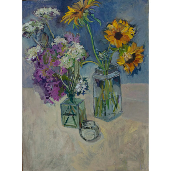 Lila Bacon Floral Painting on Canvas Phlox and Sunflowers c-lb138