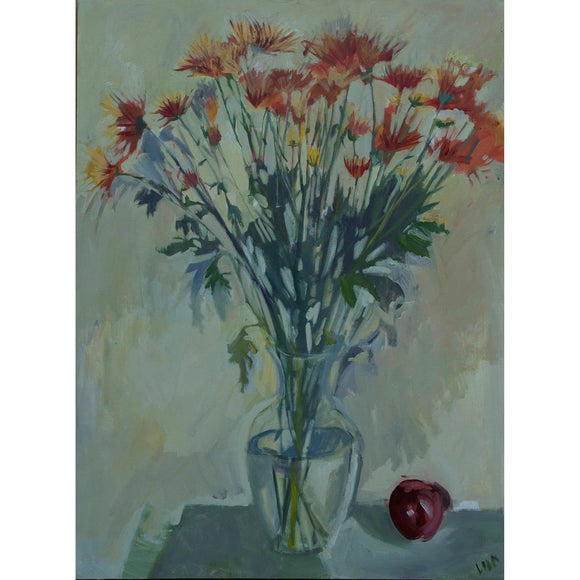 Lila Bacon Floral Painting on Canvas Mums and Apple c-lb133