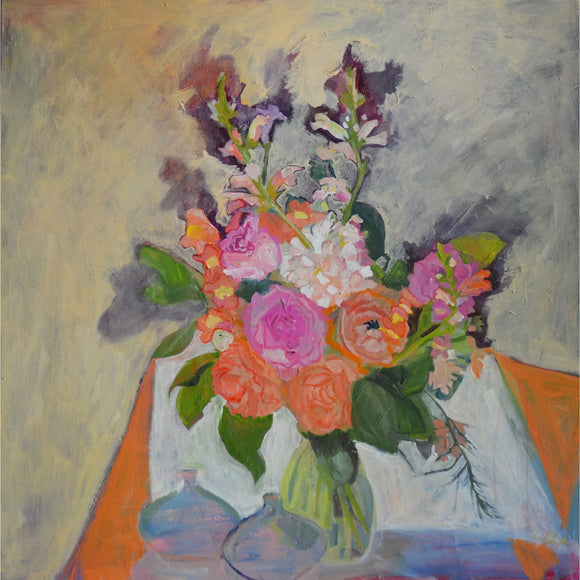 Lila Bacon Floral Painting on Canvas Three Vases 2019 36x36 c-lb320