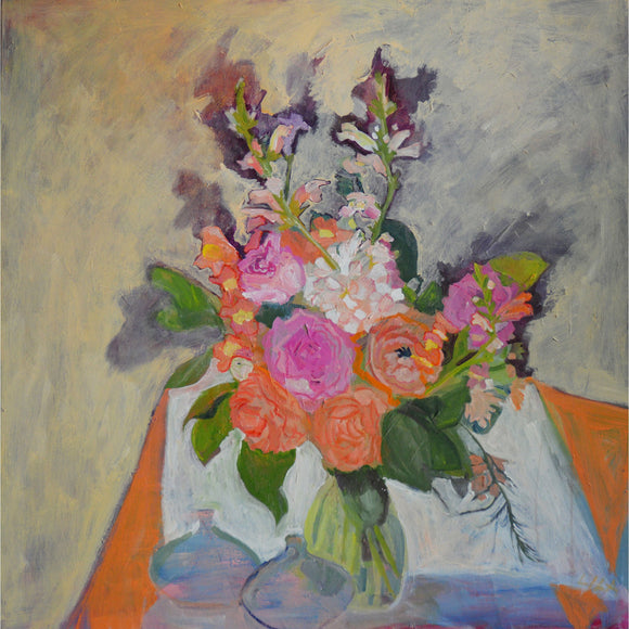 Lila Bacon Floral Painting on Canvas Three Vases 2019 36x36 c-lb320