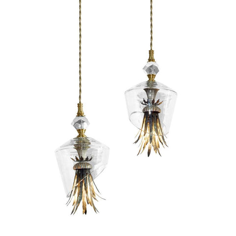 Luna Bella Achilles Pendant with Iron Brass and Clear or Cut Glass Crystal Artistic Artisan Designer Pendant Lamps