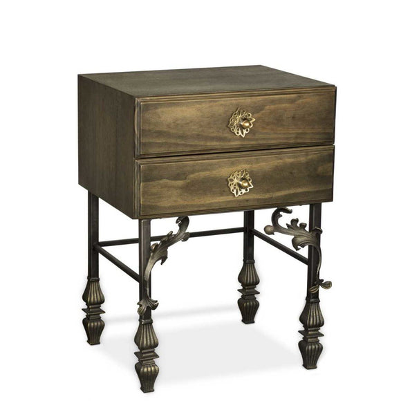 Luna Bella Ambrosia Nightstand in Solid Pine Wrought Iron and Decorative Leaf Artistic Artisan Designer Night Tables
