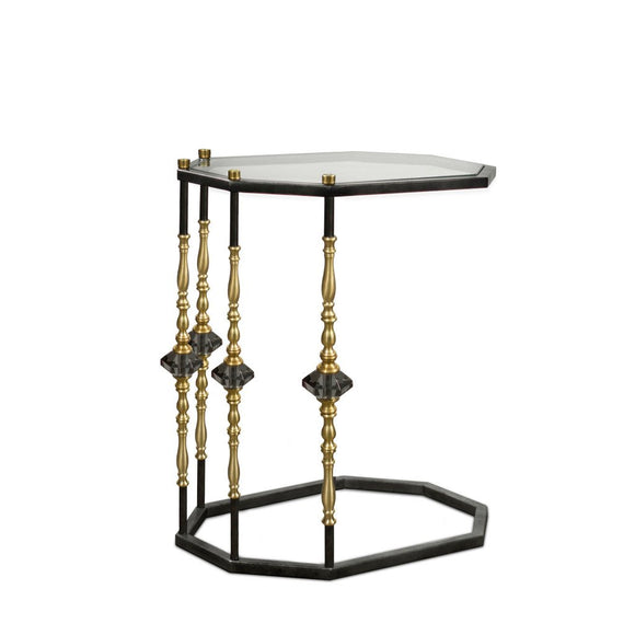 Luna Bella Annecy Sofa Table in Pewter with Brushed Finish and Clear Glass Lead Crystal Details or Blackened Steel with Solid Brass and Smoked Leaded Glass Details Artistic Artisan Designer Sofa Tables