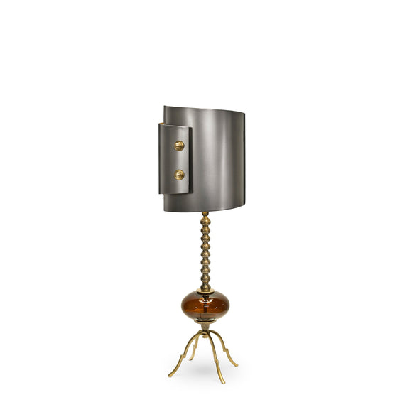 Luna Bella Ellin Table Lamp with Hand Blown Dark Amber Glass Solid Brass Base and Rolled Iron and Brass Shade Artistic Artisan Designer Table Lamps