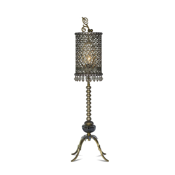 Luna Bella Flame Table Lamp in Brass with Metal Filigree Shade Embellished with Rhinestones and Beads Artistic Artisan Designer Table Lamps