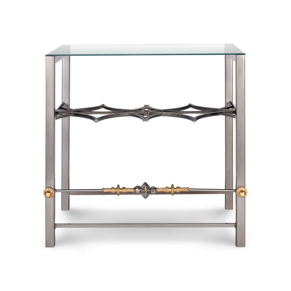 Luna Bella Ischia Side Table in Hand Wrought Iron  Brass and Smoked Leaded Crystal Details Beveled Glass Top Artistic Artisan Designer Side Tables