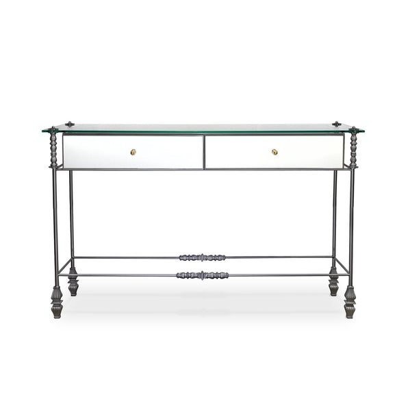 Luna Bella Jolie Console with Hand Forged Iron Two Mirrored Drawers and Glass Top Artistic Artisan Designer Console Tables