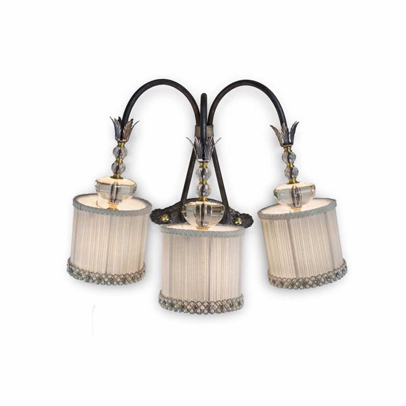 Luna Bella Lolobrigida Sconce Has Three Lights with Fabric Shades Embedded Pearls Glass and Brass Details Artistic Artisan Designer Sconces