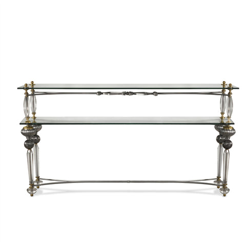 Luna Bella Monaco Console with Double Glass Shelf Solid Brass and Leaded Crystal Legs Artistic Artisan Designer Console Tables