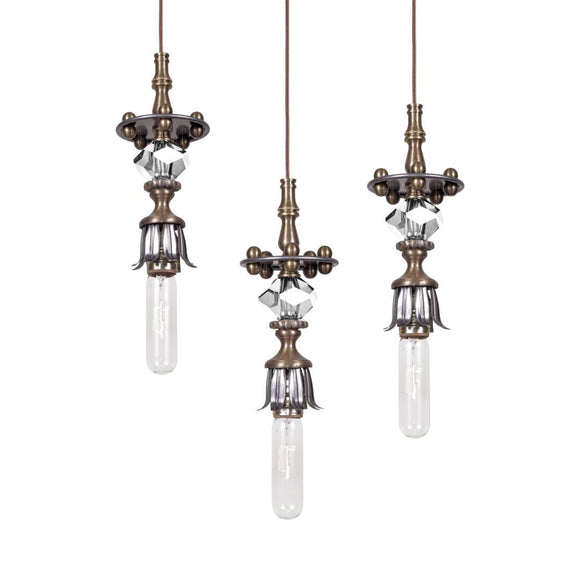 Luna Bella Raindrop Pendant and Chandelier in Iron Brass and Cut Glass Artistic Artisan Designer Pendant Lamps