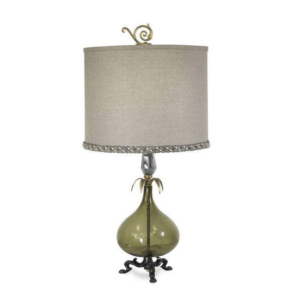 Luna Bella Russe Table Lamp with Brass and Metal Hand Blown Smoky Green Glass and Leaded Crystal Artistic Artisan Designer Table Lamps