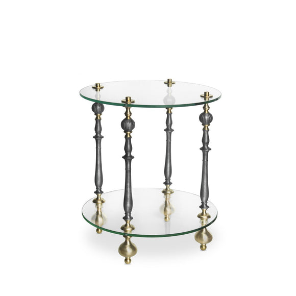 Luna Bella Talissa Side Table has Two Glass Shelves and Metal and Solid Brass Accents Artistic Artisan Designer Side Tables
