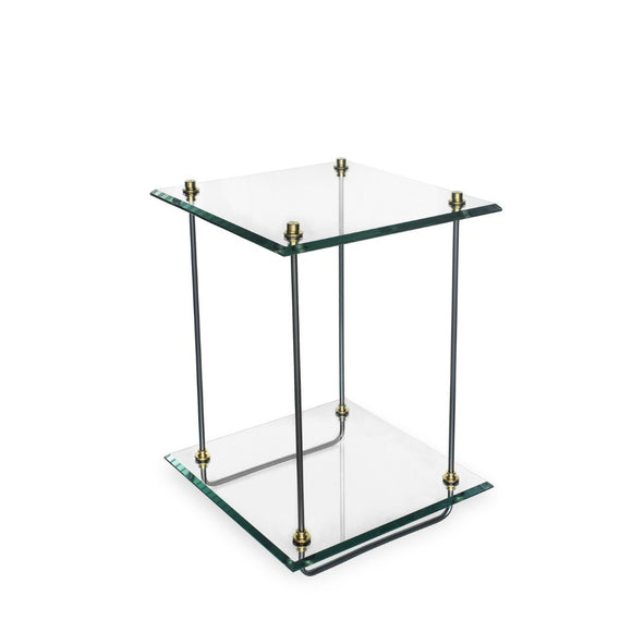 Luna Bella Tint Side Table has Two Glass Tiers with Metal and Solid Brass Legs Artistic Artisan Designer Side Tables