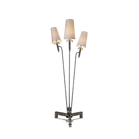 Luna Bella Winston Floor Lamp with hand Forged Iron Base and Three Linen Shades Artistic Artisan Designer Floor Lamps