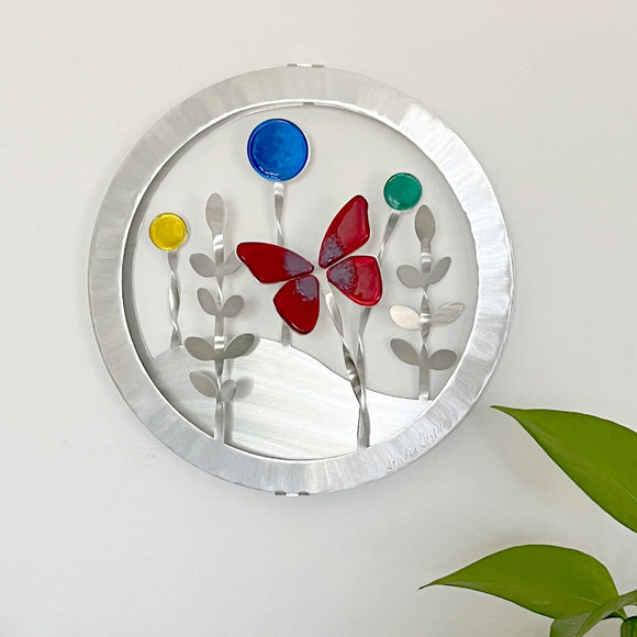 Metal Petal Art by Sondra Gerber Spring Butterfly Circle Hand Painted Brushed Aluminum Wall Sculptures