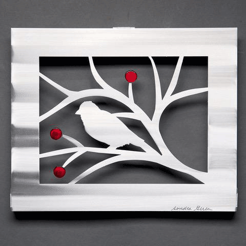 Metal Petal by Sondra Gerber Bird with Berries in Red or Blue Wall Art Artisan Crafted Hand Painted Brushed Aluminum Wall Sculptures