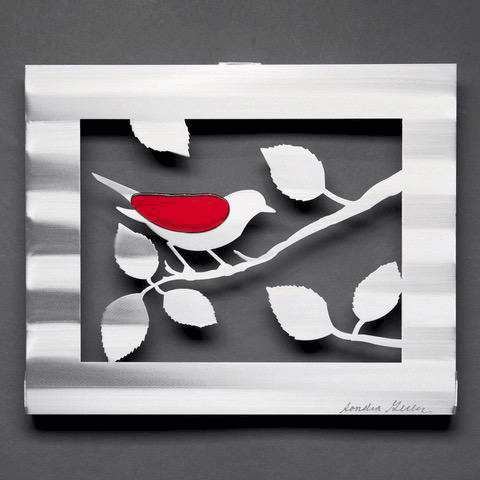 Bird with Leaves in Red or Blue Wall Art Hand Painted Brushed Aluminum Wall Sculptures, Metal Petal Art by Sondra Gerber