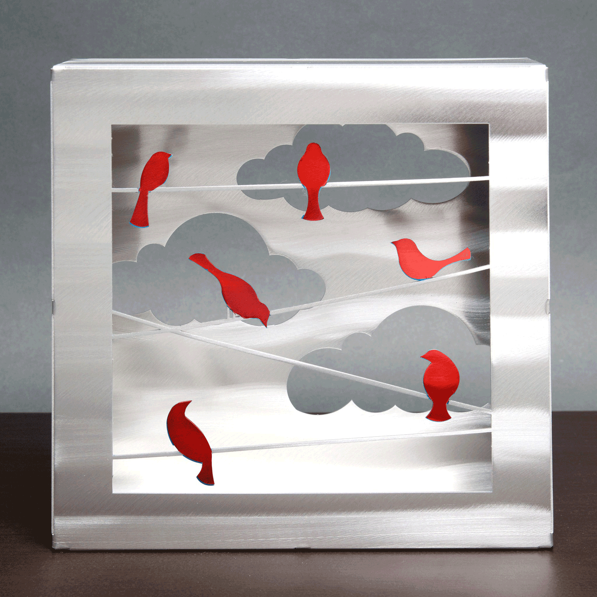 Metal Petal by Sondra Gerber Birds on A Wire in Red or Blue Box Table Art Artisan Crafted Hand Painted Brushed Aluminum Table Sculpture Artisan Crafted Hand Painted Brushed Aluminum Table Sculptures