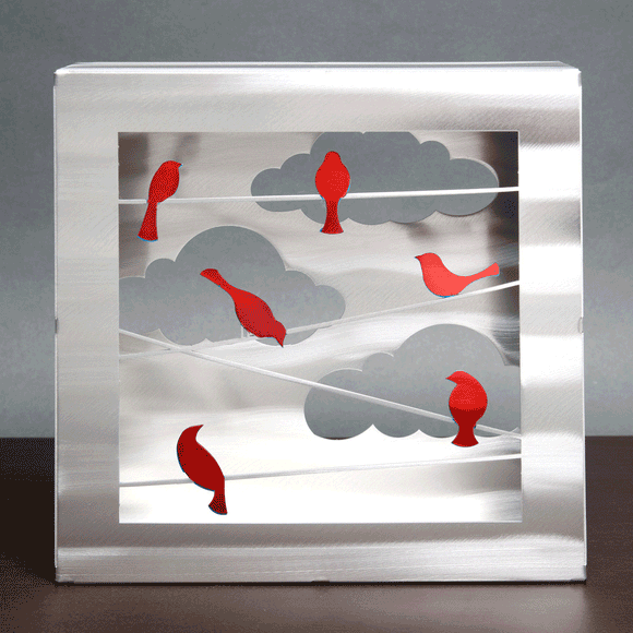 Metal Petal by Sondra Gerber Birds on A Wire in Red or Blue Box Table Art Artisan Crafted Hand Painted Brushed Aluminum Table Sculpture Artisan Crafted Hand Painted Brushed Aluminum Table Sculptures