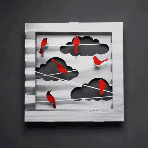 Birds on a Wire in Red or Blue Wall Art Hand Painted Brushed Aluminum Wall Sculptures, Metal Petal Art by Sondra Gerber