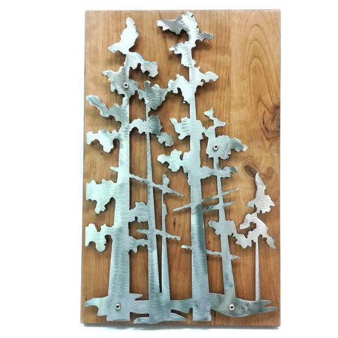 Metallic Evolution Handcut Forest Steel Art Panel on Wood Artisan Crafted Sculptural Wall Art