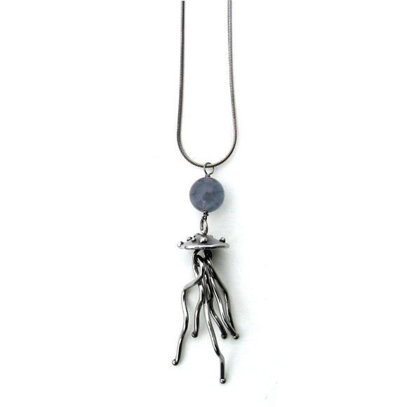 Metallic Evolution Large Jellyfish Stainless Steel and Semi Precious Stone Pendant Necklace Artisan Crafted Jewelry