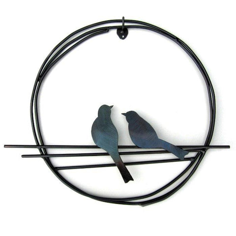 Metallic Evolution Pair of Steel or Natural Rust Finish Birds on a Ring Artisan Crafted Sculptural Wall Art