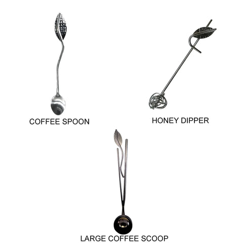 Metallic Evolution Stainless Steel Kitchen and Serving Utensils Set Large Coffee Scoop Coffee Spoon and Honey Dipper Artisan Crafted Servingware