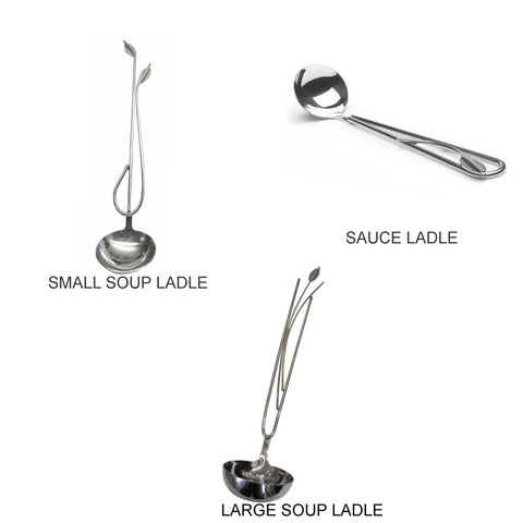 Metallic Evolution Stainless Steel Kitchen and Serving Utensils Set Large Soup Ladle Small Soup Ladle and Sauce Ladle Artisan Crafted Servingware