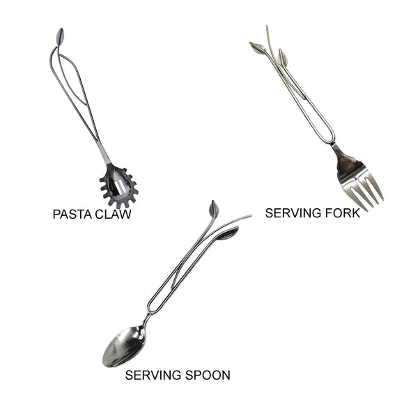 Metallic Evolution Stainless Steel Kitchen and Serving Utensils Set Pasta Claw and Serving Fork Serving Spoon Artisan Crafted Servingware