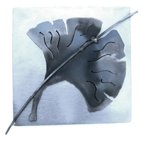 Metallic Evolution Steel Gingko Leaf Tile TLGL-66, Artistic Artisan Sculptural Metal Wall Art