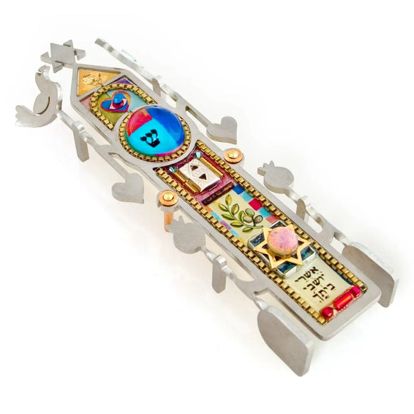 Mezuzahs, Seeka Column of Blessing Mezuzah 1450161, Hand Painted, Stainless Steel, Austrian Crystal, Beads, Artistic Artisan Judaica