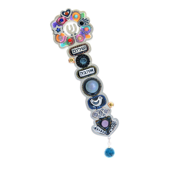 Mezuzahs, Seeka Flower Mezuzah 1451717 Hand Painted Stainless Steel Austrian Crystal Beads Artistic Artisan Judaica