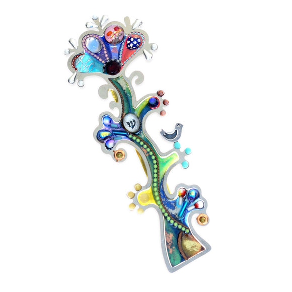 Mezuzahs, Seeka Flower Mezuzah 1451718 Hand Painted Stainless Steel Austrian Crystal Beads Artistic Artisan Judaica