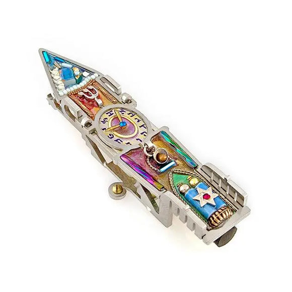 Mezuzahs, Seeka Clock Tower Mezuzah 1450450 Hand Painted, Stainless Steel, Austrian Crystal, Beads, Artistic Artisan Judaica