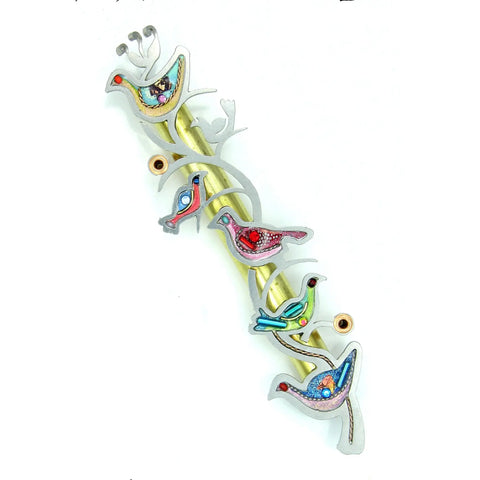 Mezuzahs, Seeka Colorful Doves Of Peace 1450805 Hand Painted, Stainless Steel, Austrian Crystal, Beads, Artistic Artisan Judaica
