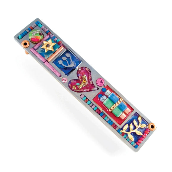 Mezuzahs, Seeka Heart Mezuzah 1450633, Hand Painted, Stainless Steel, Austrian Crystal, Beads, Artistic Artisan Judaica