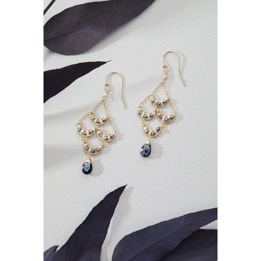 Michelle Pressler Beaded Crescent Earrings 4210 with Natural White Zircons Pyrite and Black Spinel Drops Artistic Artisan Designer Jewelry