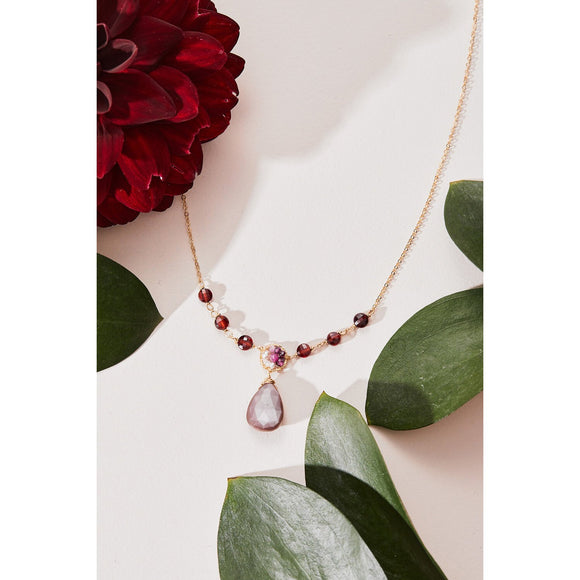 Michelle Pressler Berry Ombre Coin Necklace 5156 with Garnet, Ruby, Pink Sapphire, Rhodalite Garnet, Pearl, and a Chocolate Moonstone Drop Artistic Artisan Designer Jewelry