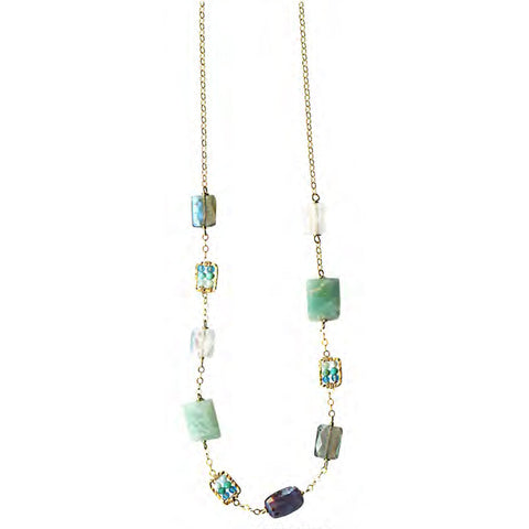 Michelle Pressler Capri Necklace 4701 F with Larimar Turquoise Apatite Labradorite Moonstone Kyanite Dark and Light Amazonite Artistic Artisan Designer Jewelry