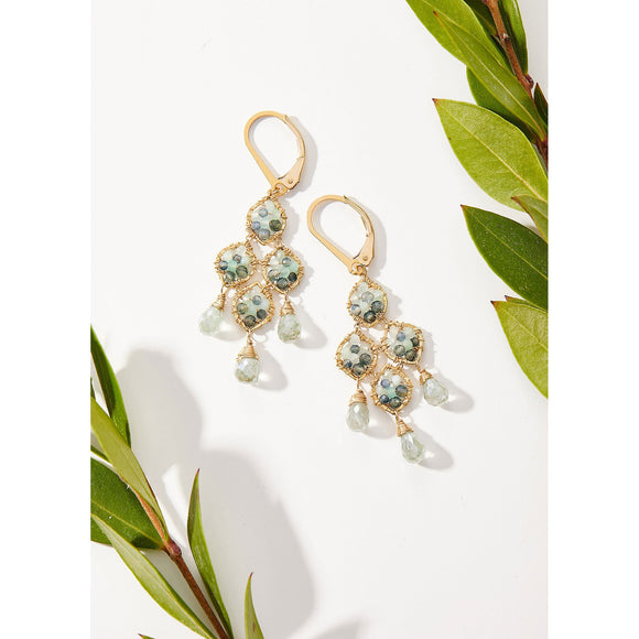 Michelle Pressler Jewelry Chandelier Earrings 5111G with Australian Sapphire Green Opal and Aquamarine Drops Artistic Artisan Crafted Jewelry