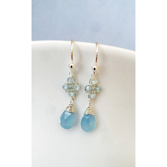 Michelle Pressler Clover Earrings 4715 with Natural Blue Zircons and Aqua Chalcedony Drops Artistic Artisan Designer Jewelry