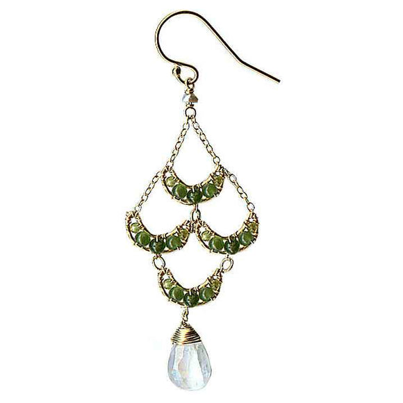 Michelle Pressler Jewelry Crescent Earrings 4210 A with Green Jade and Moonstone Artistic Artisan Designer Jewelry