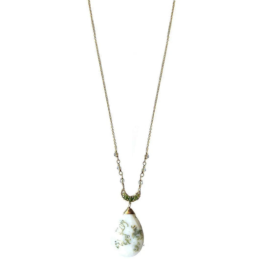 Michelle Pressler Jewelry Crescent Necklace 4202 with Green Jade and Tree Agate Artistic Artisan Designer Jewelry