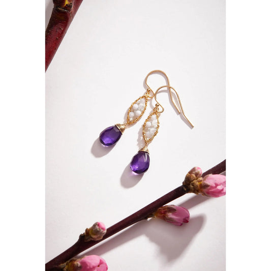 Michelle Pressler Jewelry Earrings 4755 with Blue Lace Agate White Natural Zircon and Amethyst Drops Artistic Artisan Crafted Jewelry