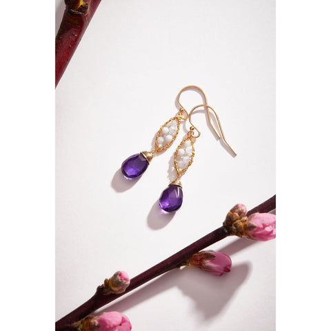Michelle Pressler Jewelry Earrings 4755 with Blue Lace Agate White Natural Zircon and Amethyst Drops Artistic Artisan Crafted Jewelry